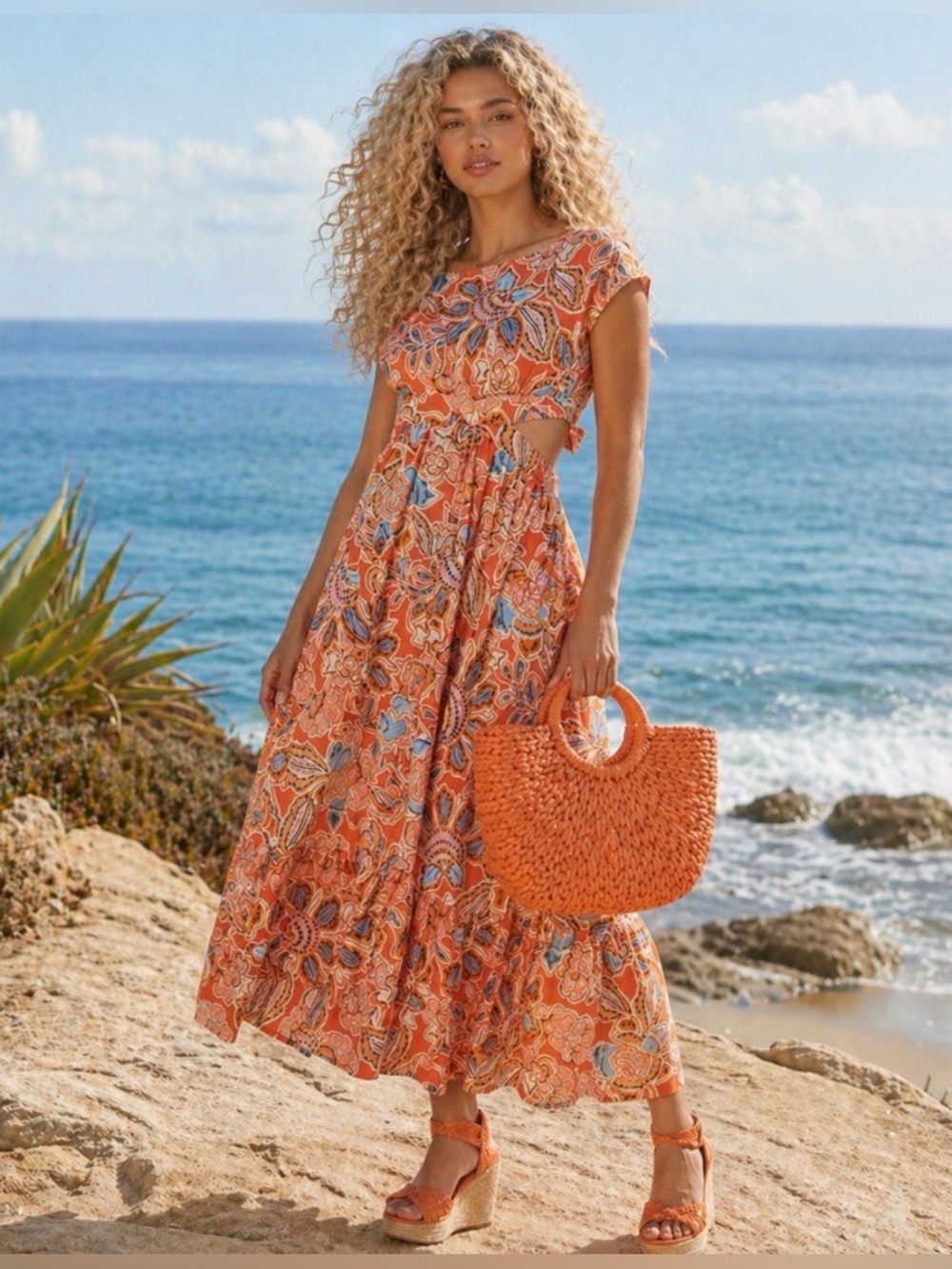 MISA Los Angeles Dana Mae Tangerine Floral Maxi Dress W/ Cut-Outs